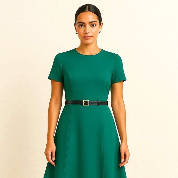 Calvin Klein Emerald Green Fit & Flare Midi Dress with Belt - Picture 1 of 3